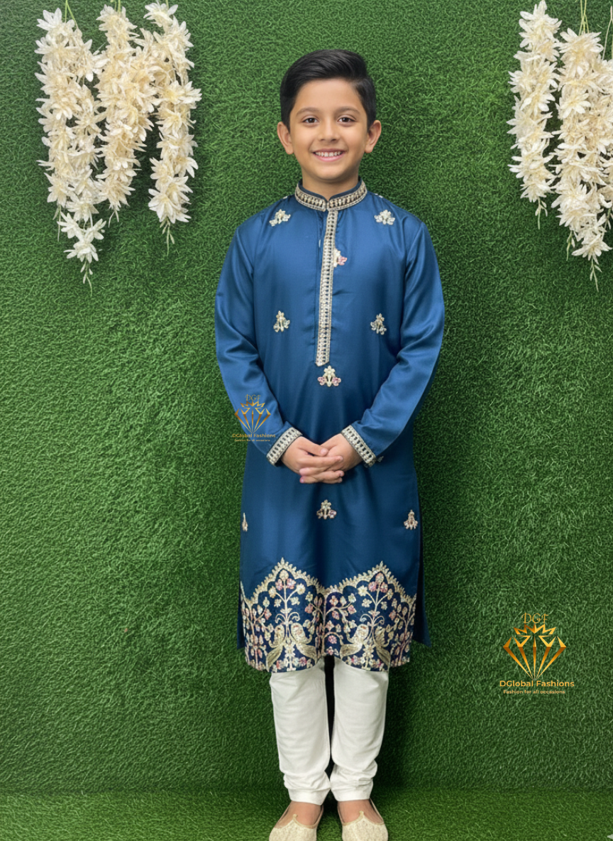 Partywear Embroidered Kurta Pajama Set with Floral & Peacock Detailing