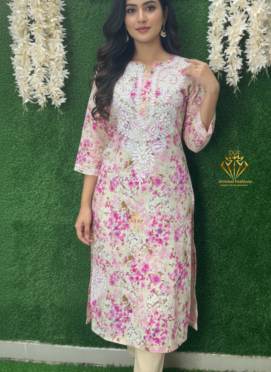 Mul Cotton Printed  Lucknowi Chikankari Embroidered Kurti