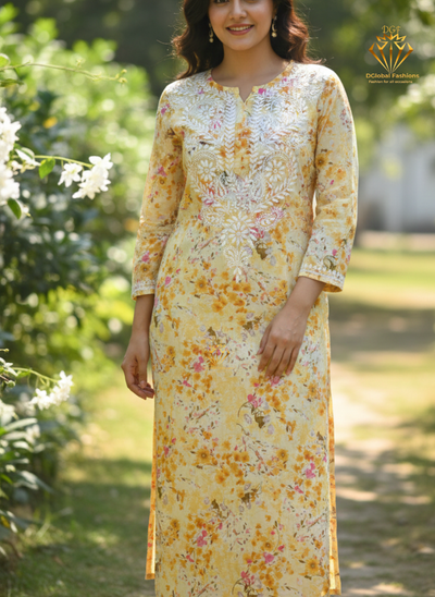 Mul Cotton Printed  Lucknowi Chikankari Embroidered Kurti