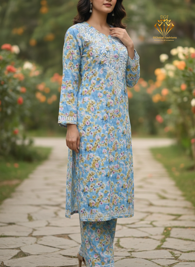 Mul Cotton Printed Lucknowi Chikankari Embroidered Co-Ord Set