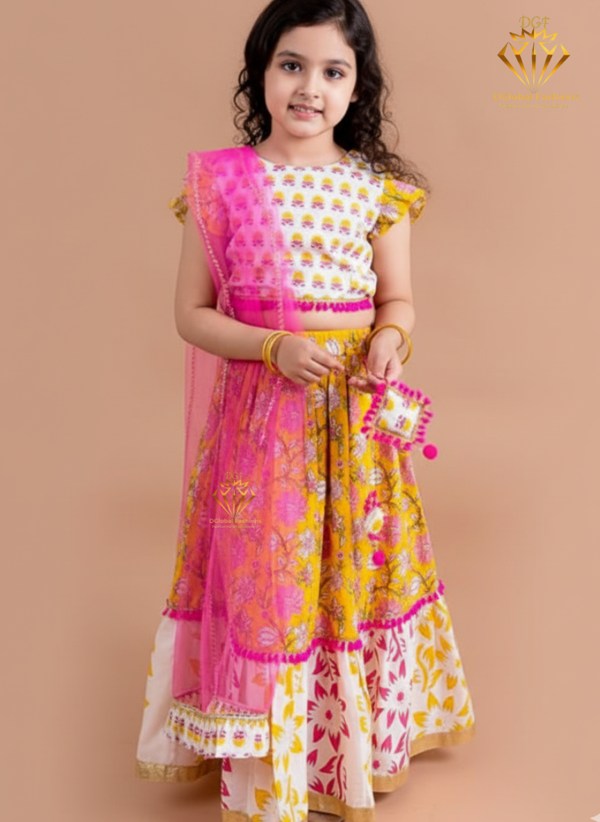 Girls Yellow & White Printed Lehenga Choli Set with Dupatta