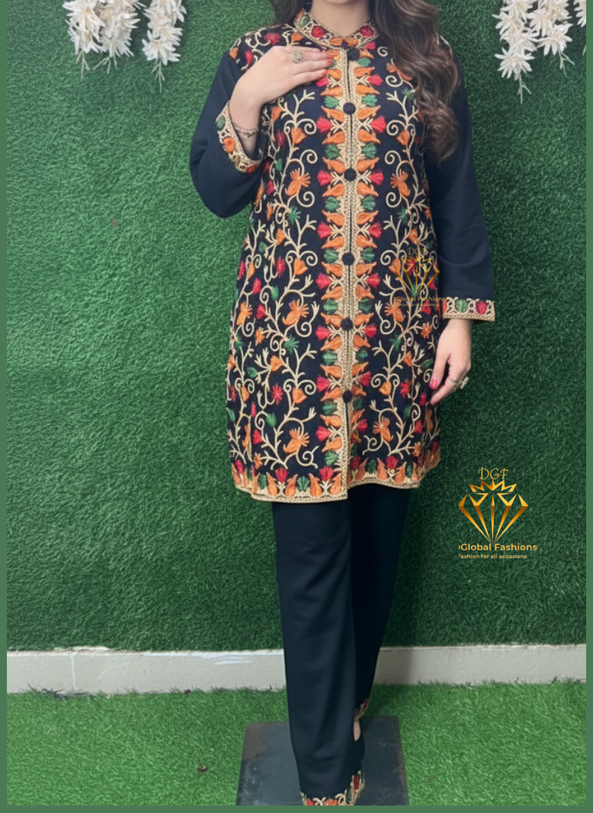 Kashmiri Aari Embroidered Jacket & Pant Co-ord Set | Premium Ethnic Winter Wear