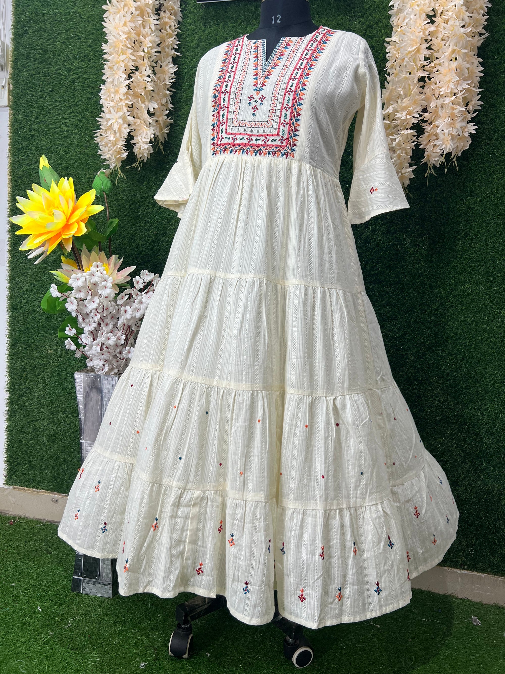 Graceful Cotton Gown with Real Mirror Work & Floral Booti Embroidery