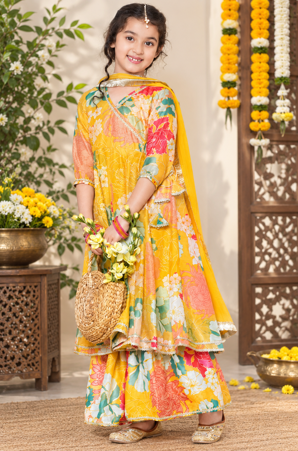 Girls Floral Printed Angrakha Anarkali Kurta & Sharara with Dupatta