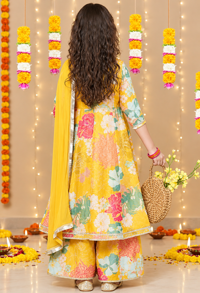 Girls Floral Printed Angrakha Anarkali Kurta & Sharara with Dupatta
