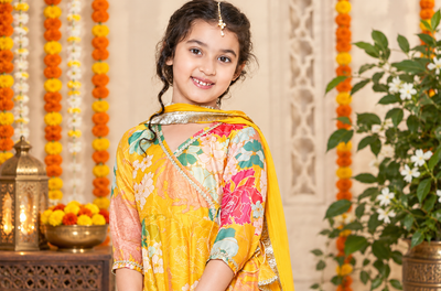 Girls Floral Printed Angrakha Anarkali Kurta & Sharara with Dupatta