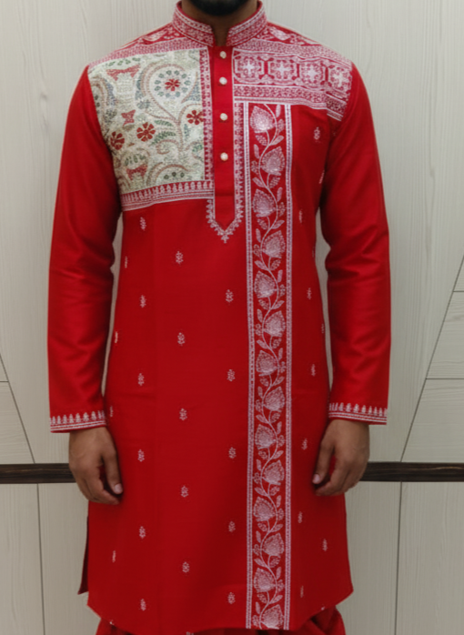 Jamdani Embroidered Kurta with Polo Pant– Traditional Festive Wear for Men