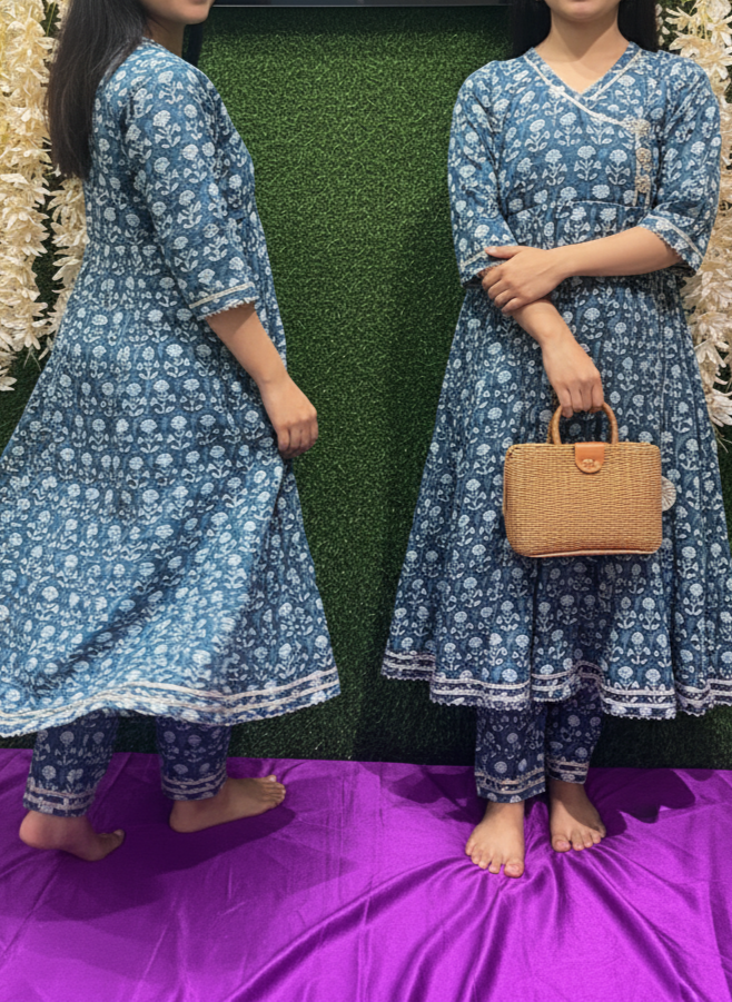 Kids Blue  Printed Cotton Angrakha Dress