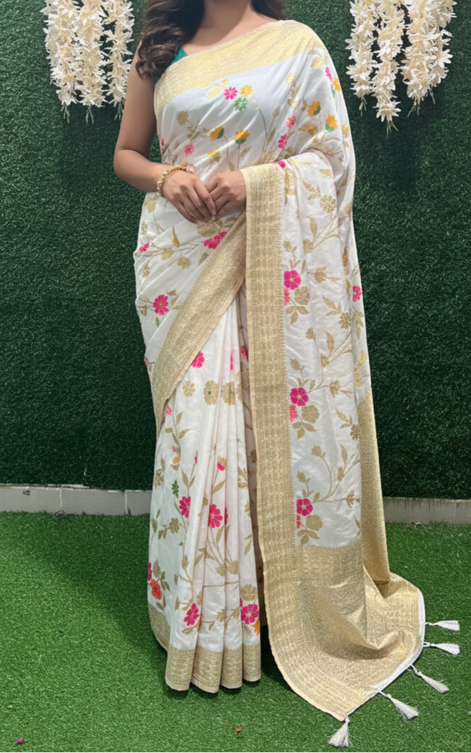 White Banarasi Saree with Golden Zari Border & Multicolor Floral Weaving