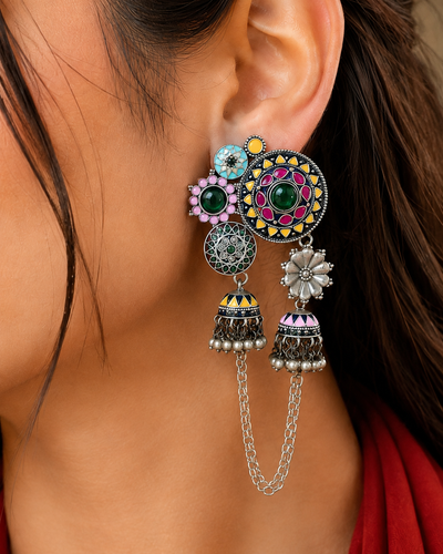 Silver Double Jhumki Rangeeli Earrings with Enamel & Pearl Drops