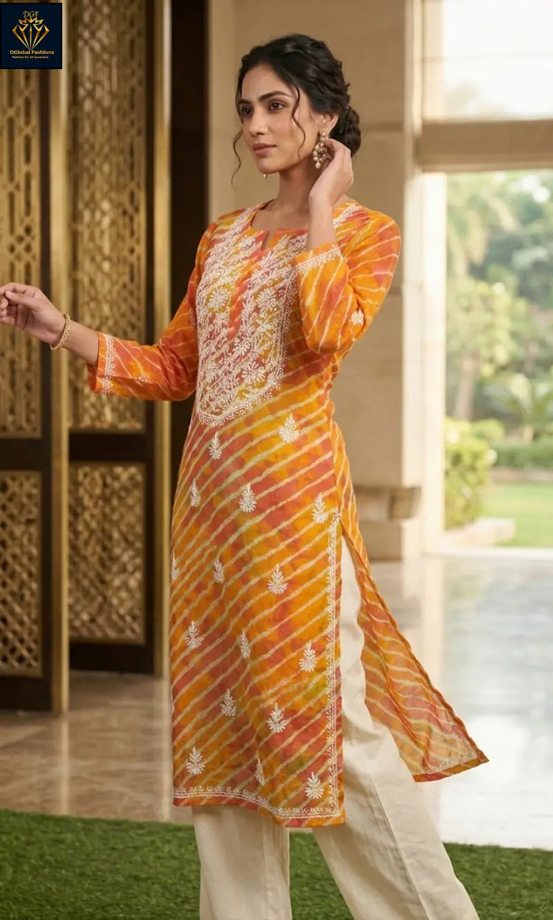 Lucknowi Chikankari Kota Leheriya Kurti