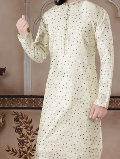 Elegant Silk Self-Check Zari Weave Kurta Pajama Set with Full Lining