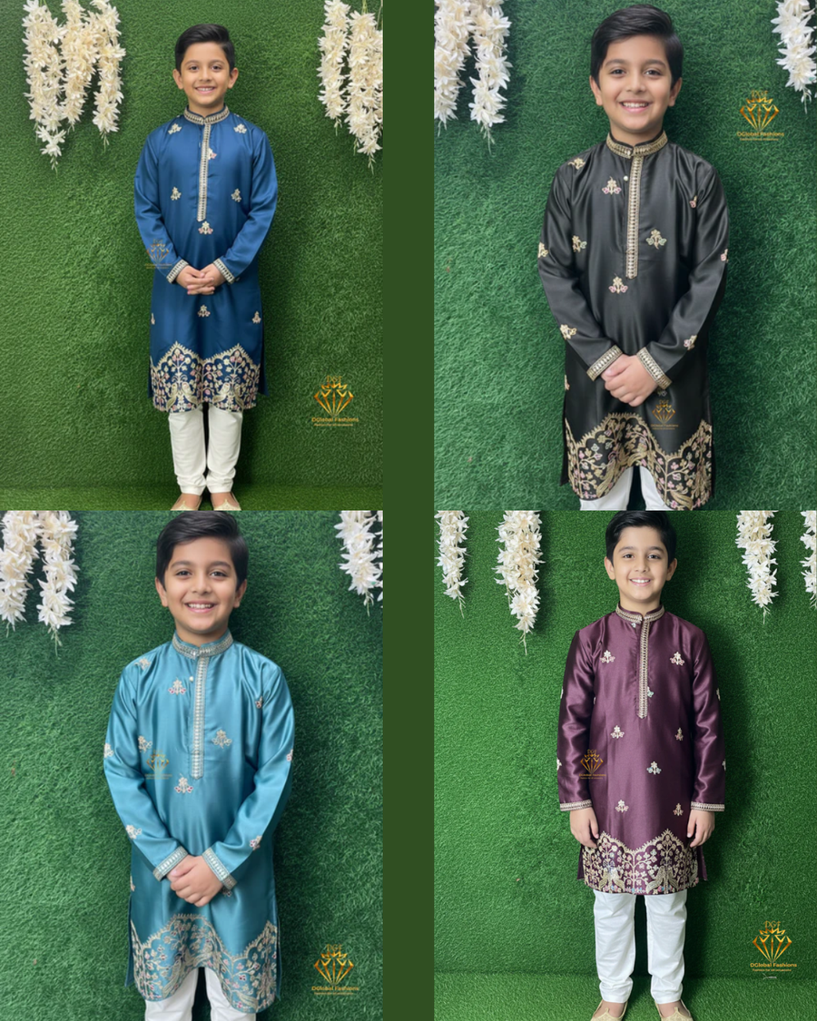 Partywear Embroidered Kurta Pajama Set with Floral & Peacock Detailing