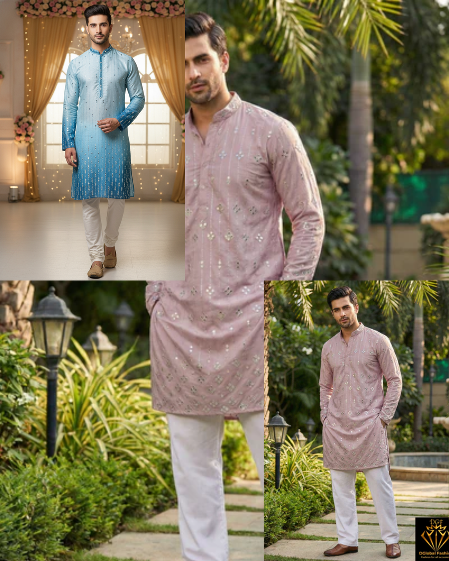 Ombré Silk Men’s Kurta Set with Foil & Mirror Work Detailing