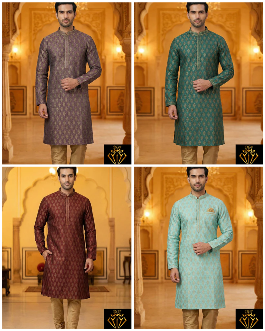 Men’s Silk Jacquard Kurta Pajama Set with Copper Zari Weave & Full Lining