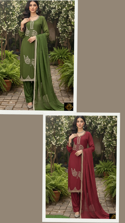 Pearl & Cutdana Real Mirror Embroidered Kurta Suit Set with Chiffon Dupatta