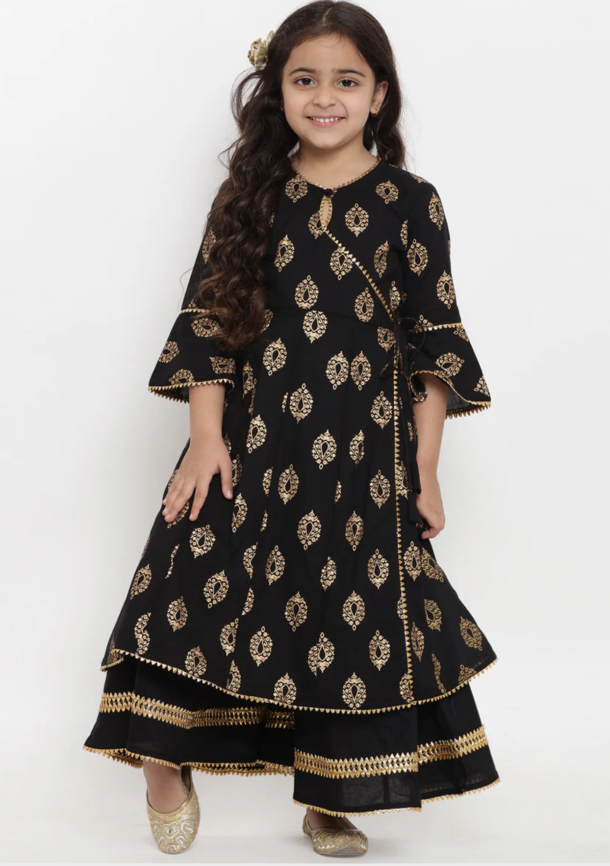 Girls Black Foil Printed Angrakha Kurta With Palazzo