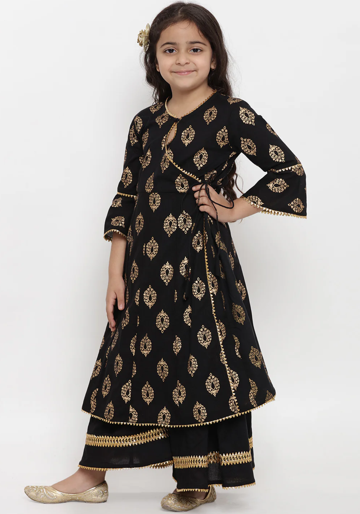 Girls Black Foil Printed Angrakha Kurta With Palazzo