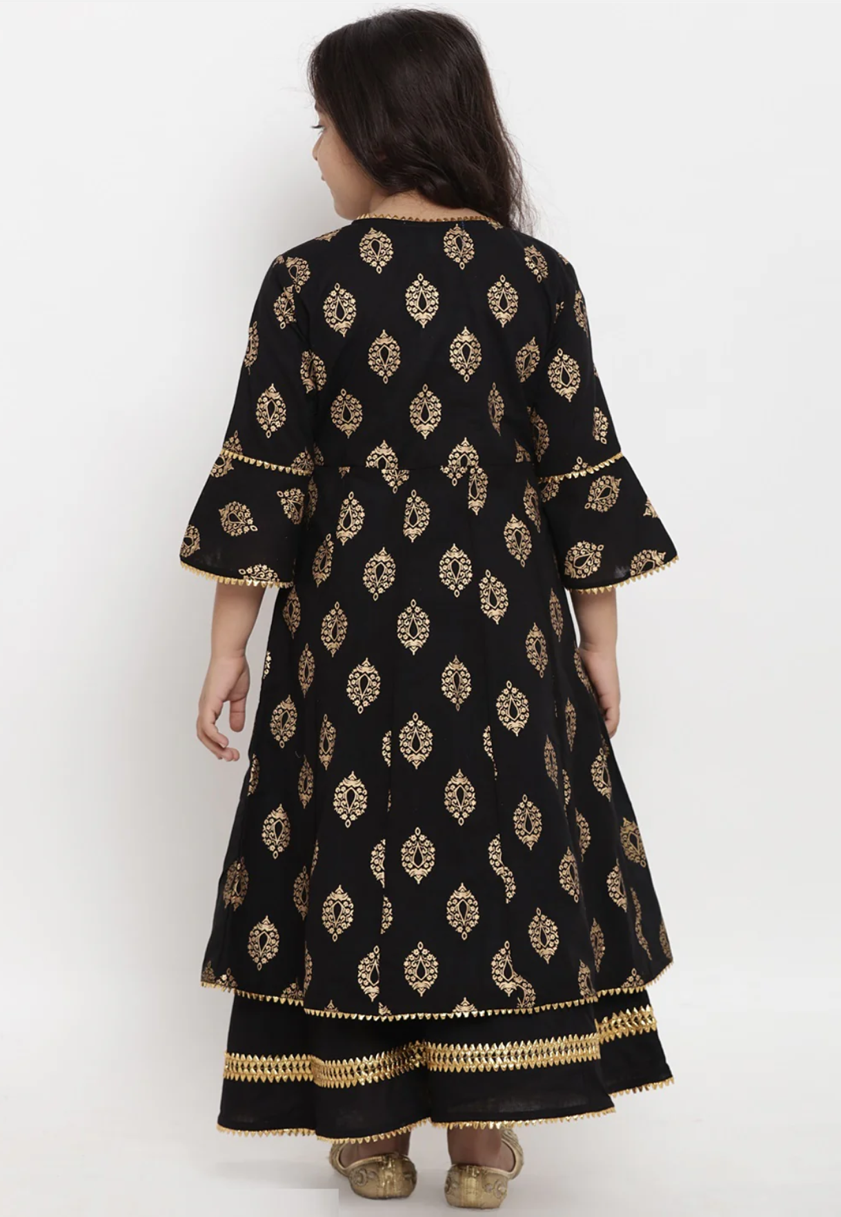 Girls Black Foil Printed Angrakha Kurta With Palazzo