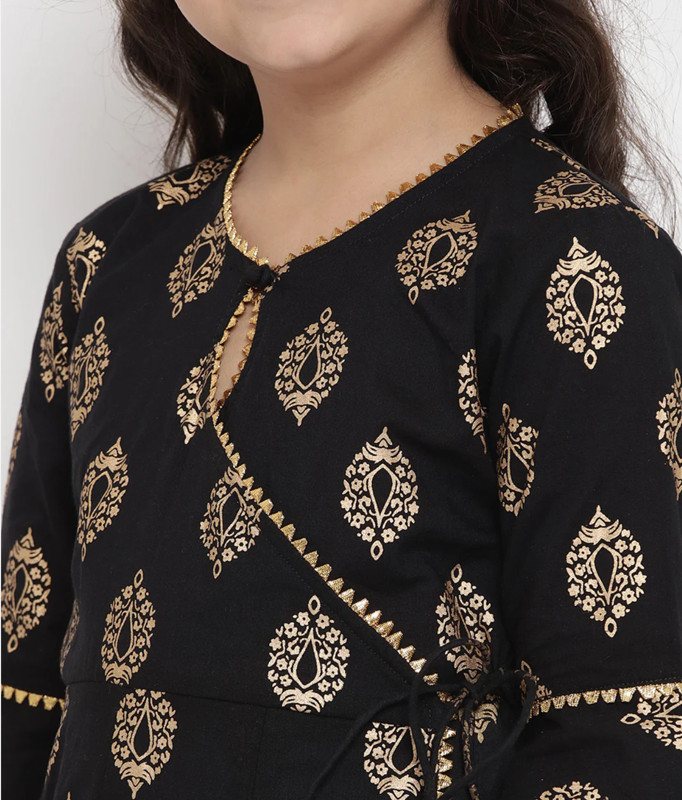 Girls Black Foil Printed Angrakha Kurta With Palazzo