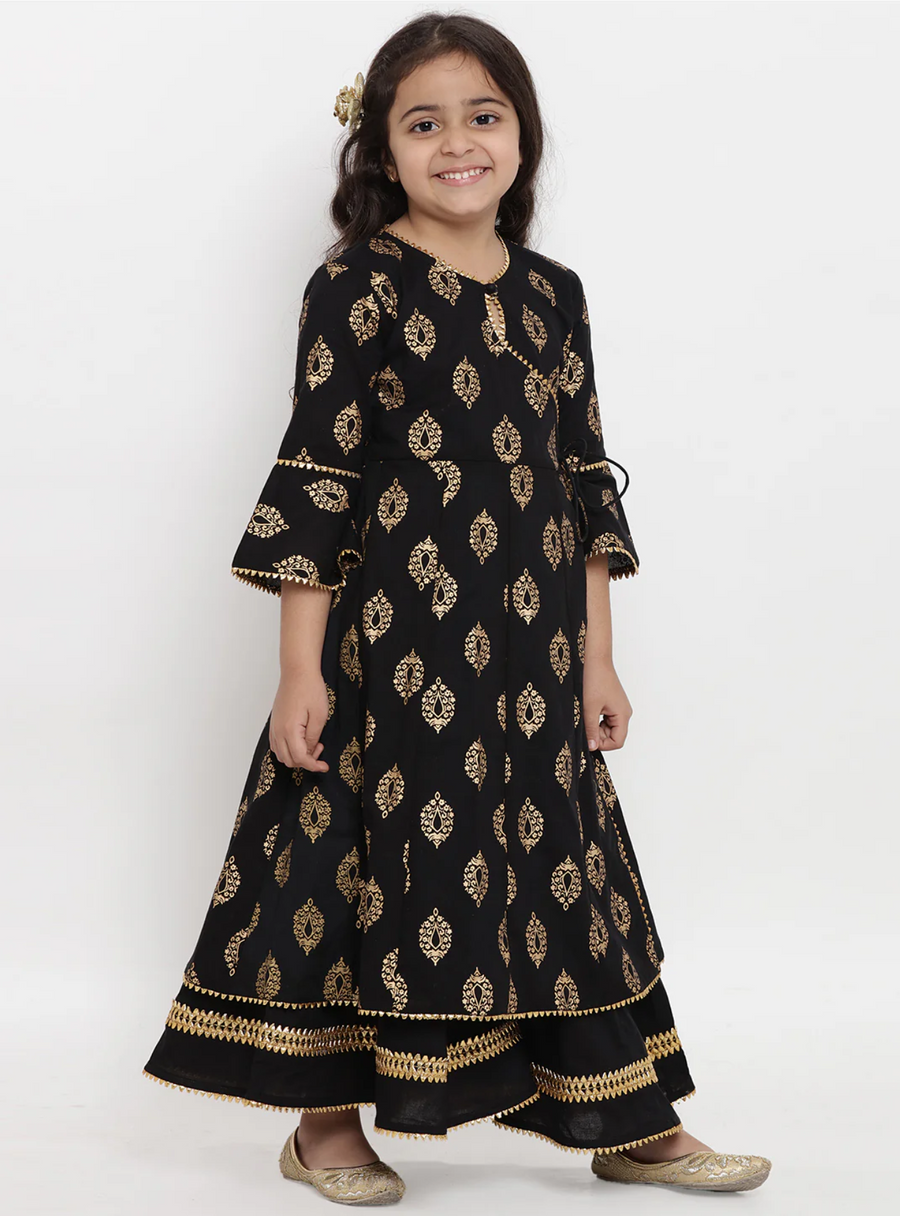 Girls Black Foil Printed Angrakha Kurta With Palazzo