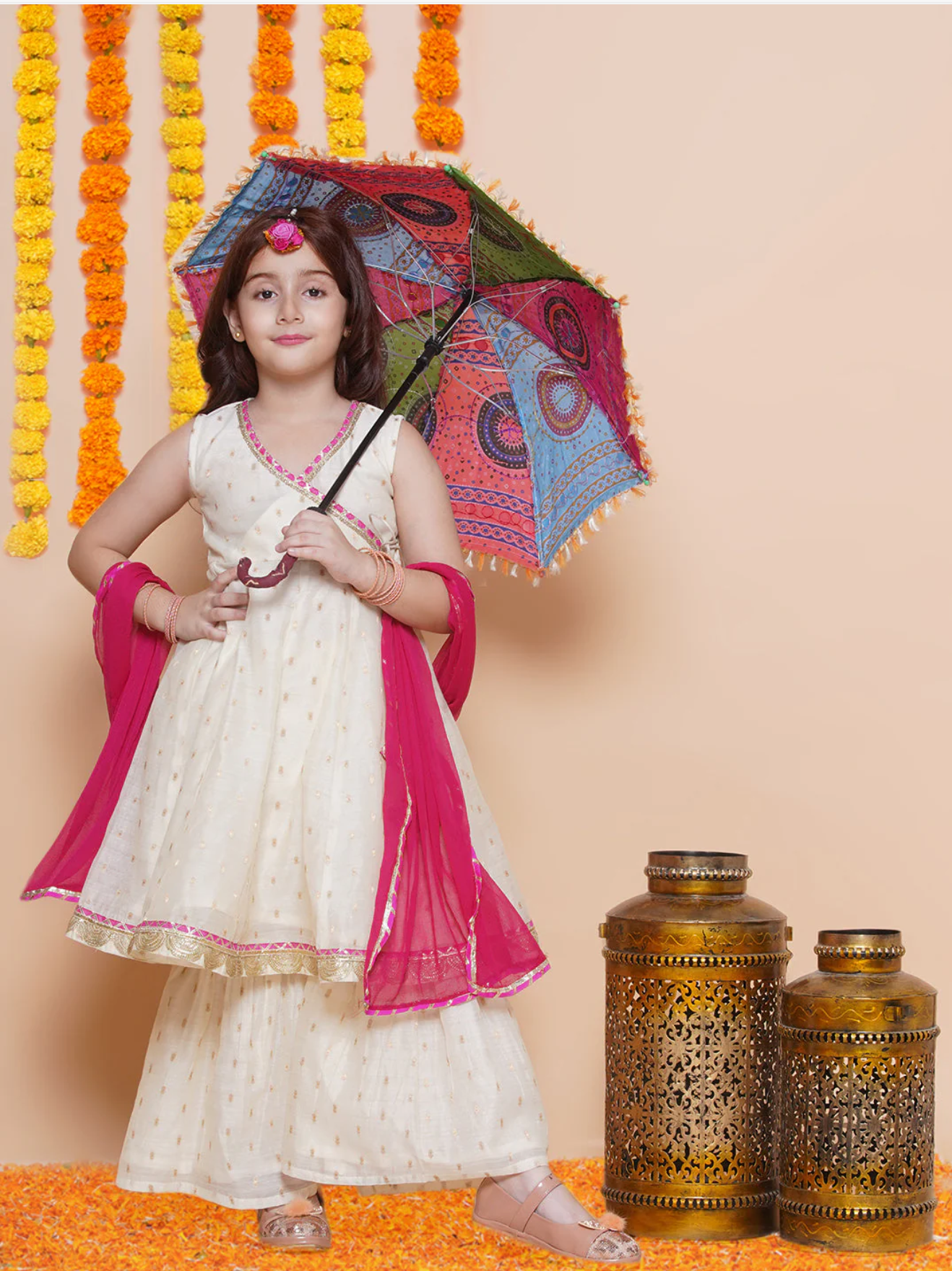 Girls Off white Booti Angrakha Gotta Patti Kurta & Sharara set With Dupatta