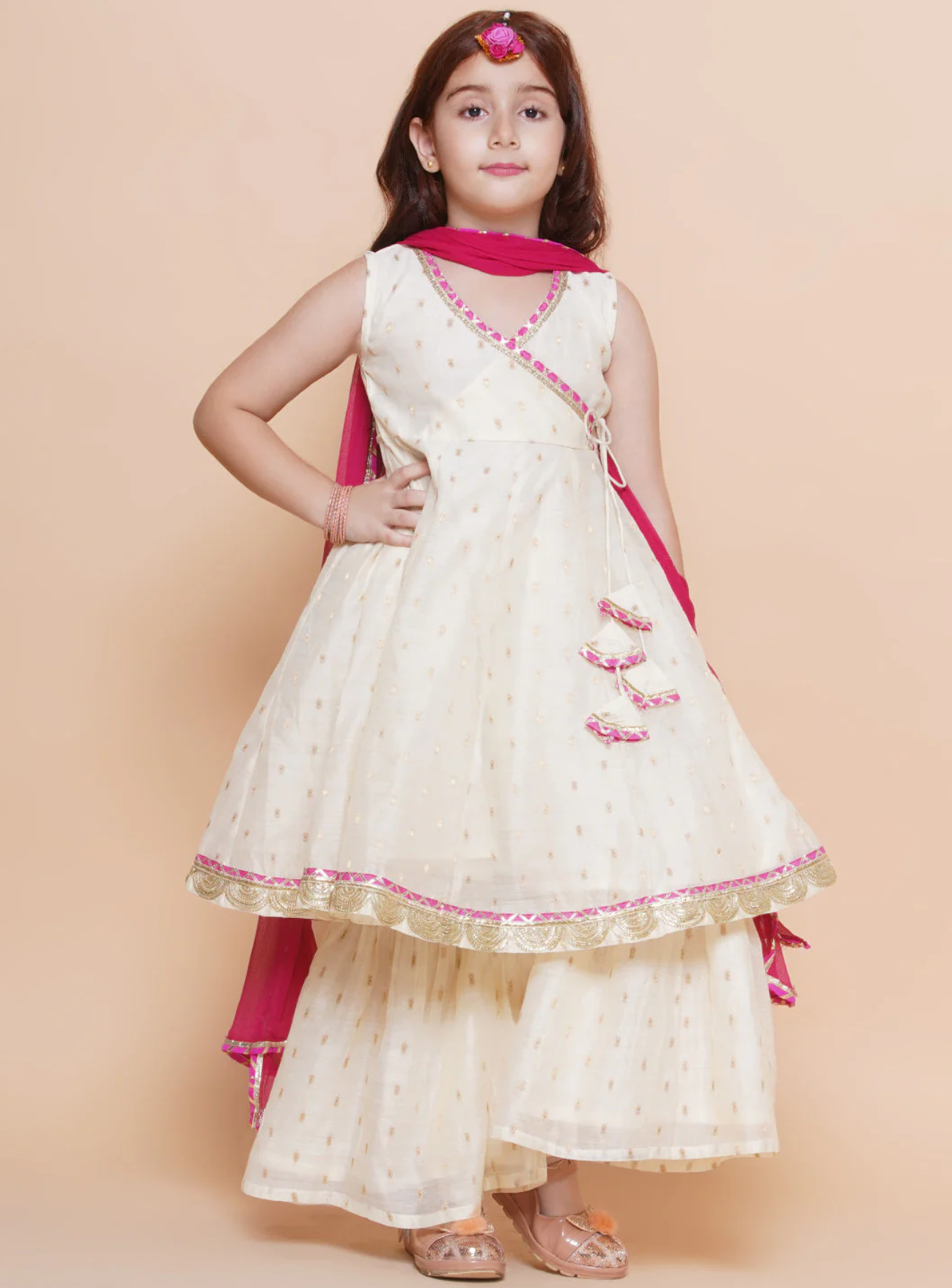 Girls Off white Booti Angrakha Gotta Patti Kurta & Sharara set With Dupatta