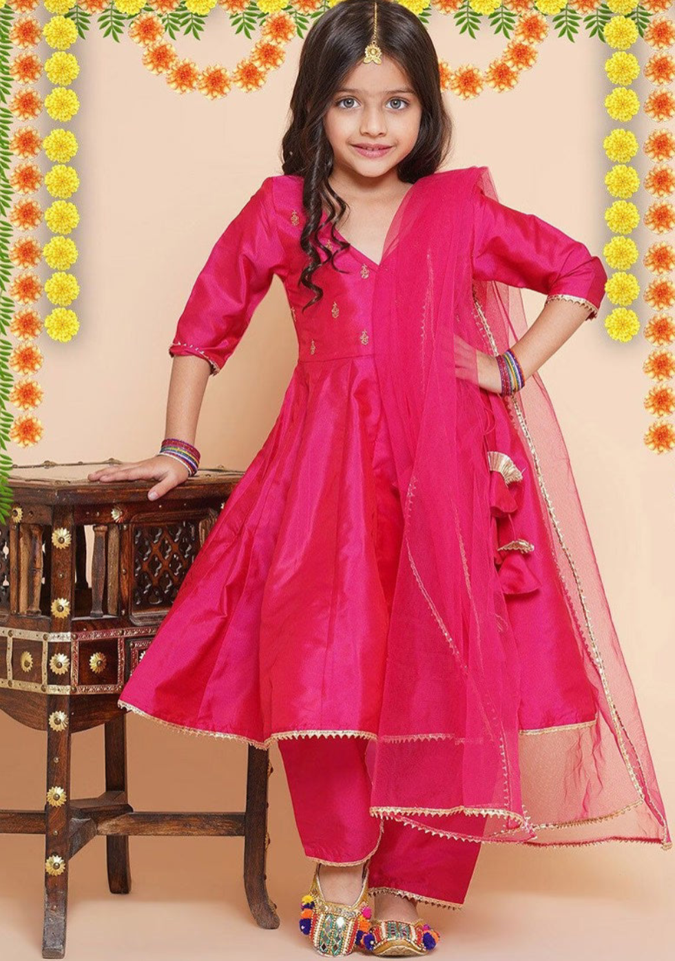 Pink Girls Embroidered Angrakha Kurta With Trousers And Dupatta