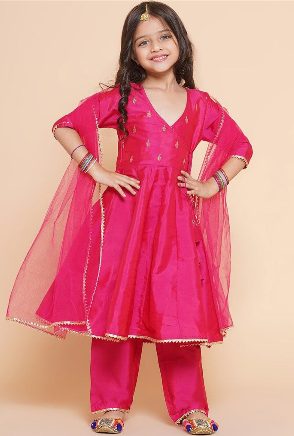 Pink Girls Embroidered Angrakha Kurta With Trousers And Dupatta