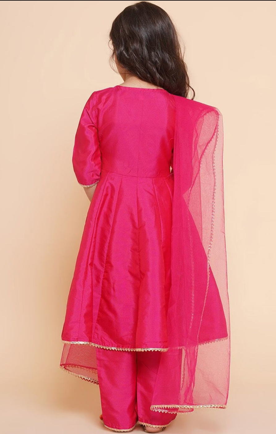 Pink Girls Embroidered Angrakha Kurta With Trousers And Dupatta
