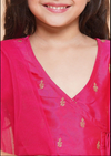 Pink Girls Embroidered Angrakha Kurta With Trousers And Dupatta