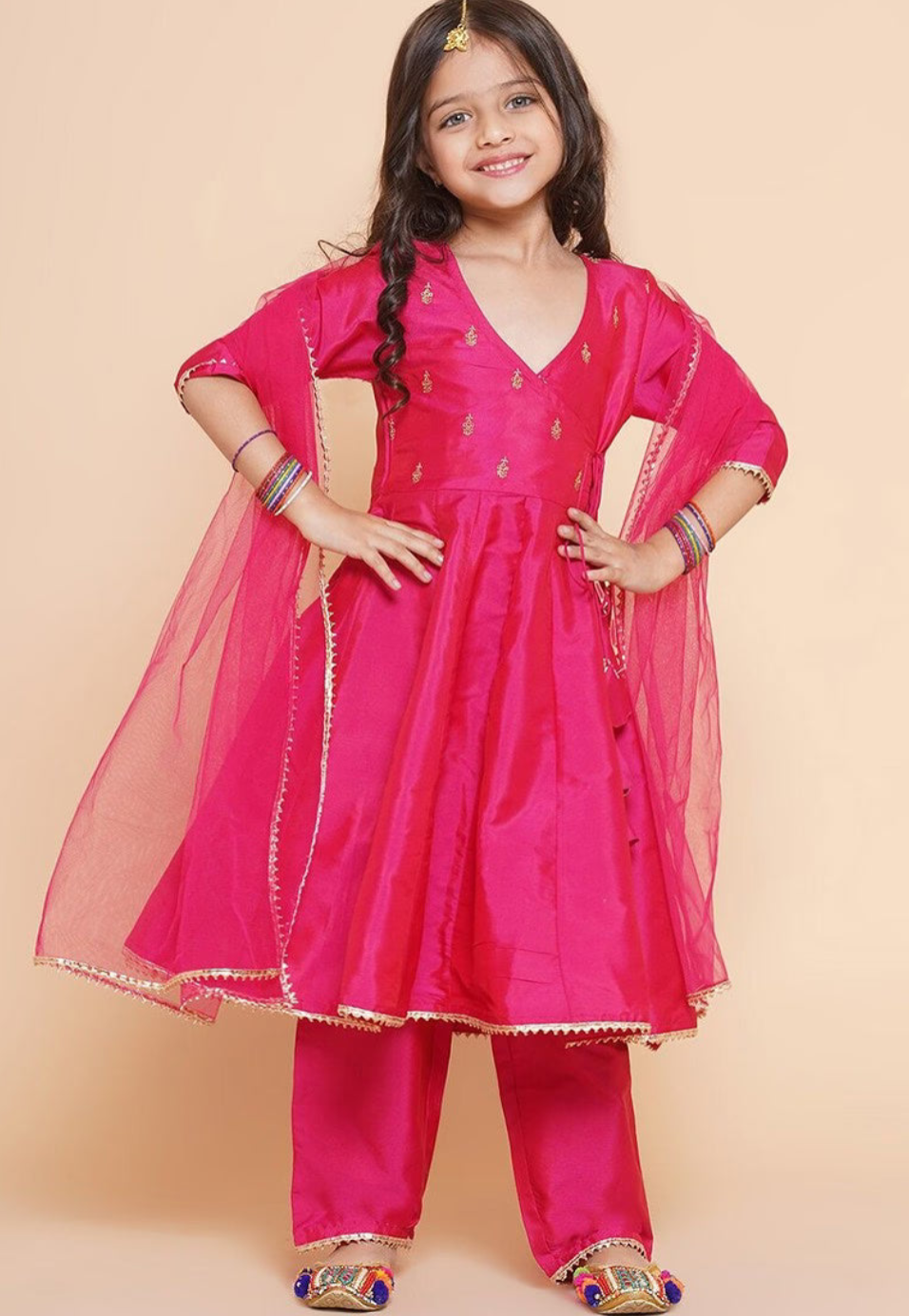 Pink Girls Embroidered Angrakha Kurta With Trousers And Dupatta
