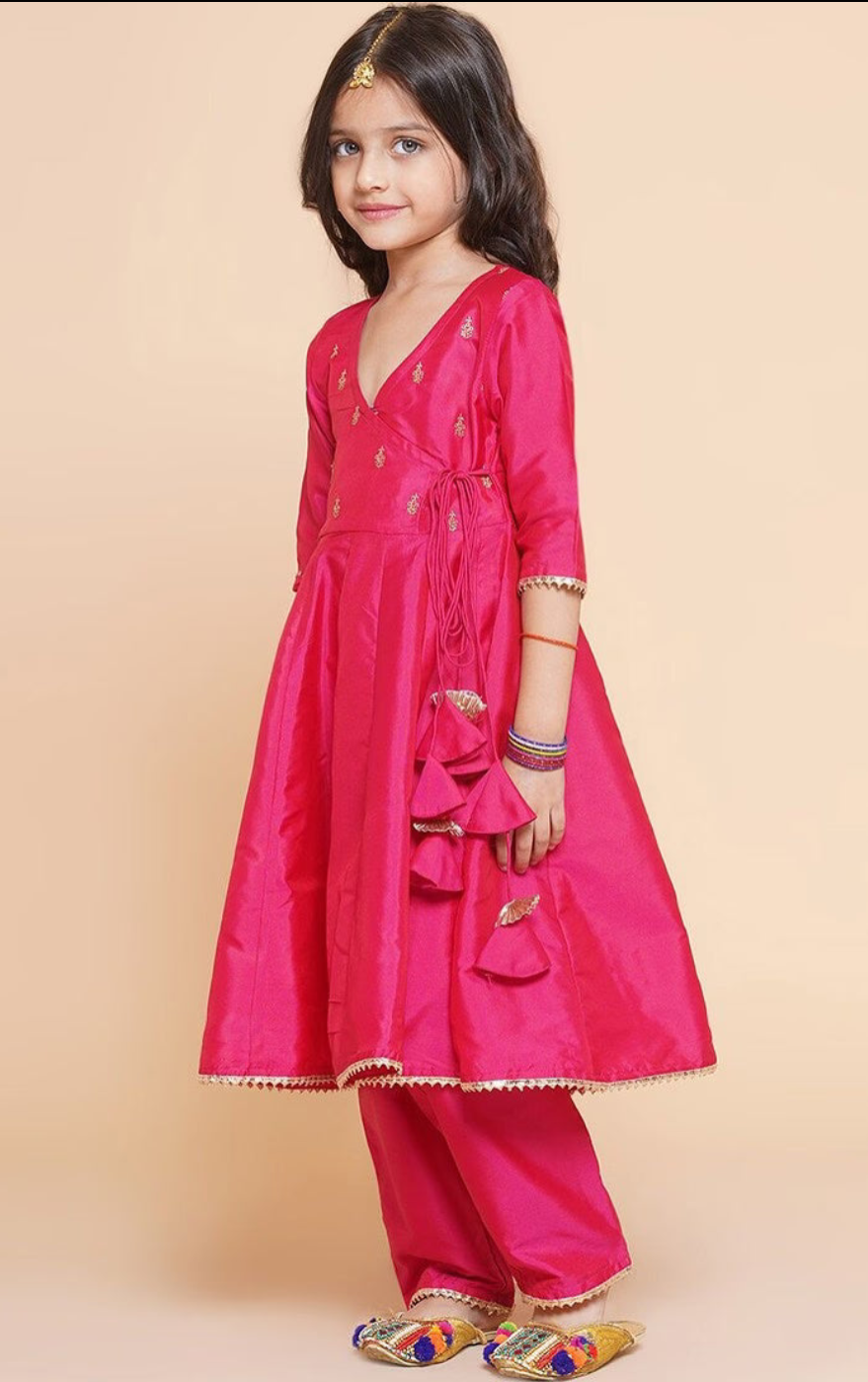 Pink Girls Embroidered Angrakha Kurta With Trousers And Dupatta