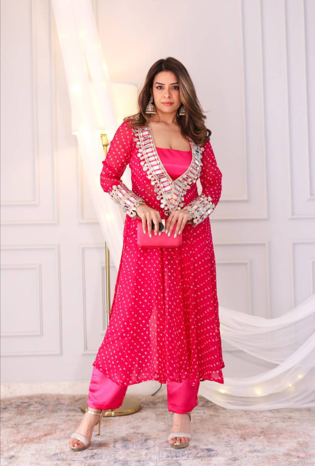 Stylish Georgette Shrug Kurti Set with Pants & Blouse – Real Mirror Work