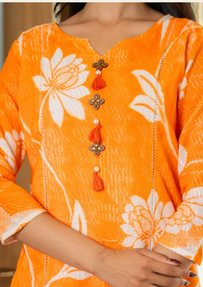 Cotton Dobby Hand Printed Kurta Pants and Dupatta