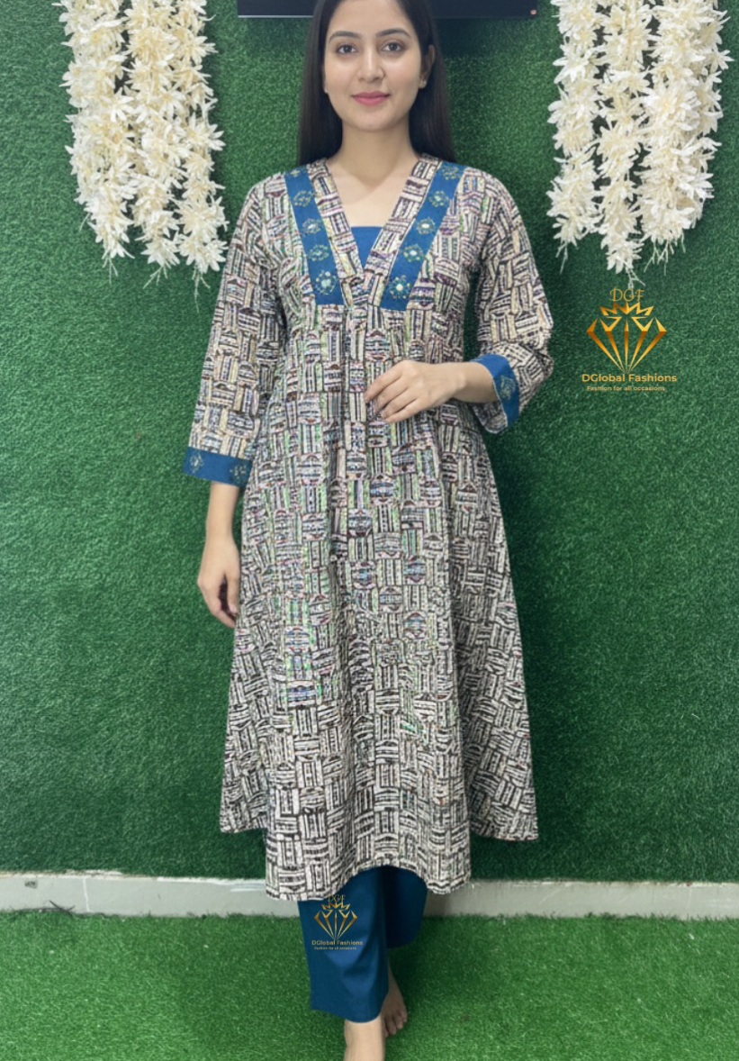 Printed cotton kurta pant set with real mirror work