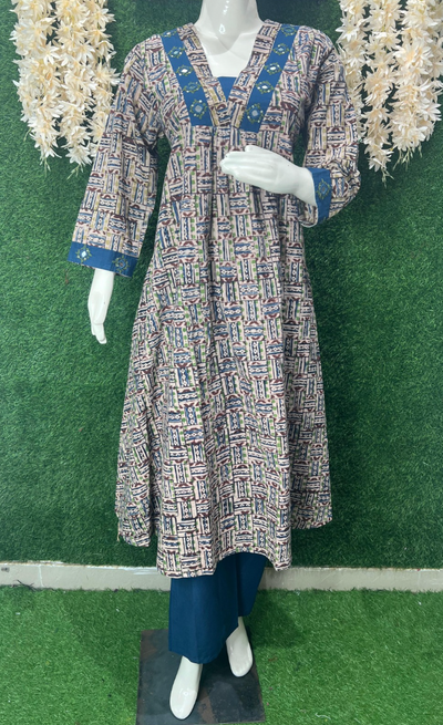 Printed cotton kurta pant set with real mirror work