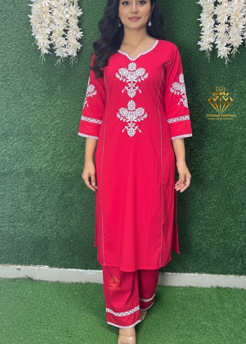 Cotton Kurta Pant Set With Thread Work