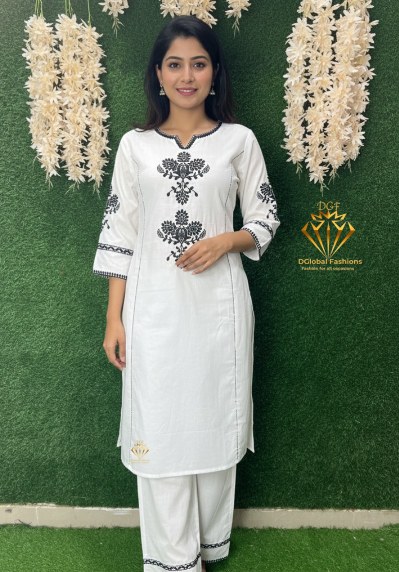 Cotton Kurta Pant Set With Thread Work