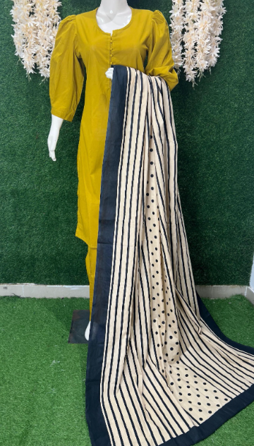 Cotton Kurta Pant Set With Striped & Polka Dupatta