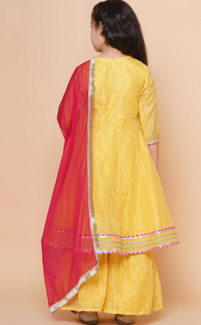 Girls’ Ethnic Woven Motif Anarkali Kurta, Sharara & Dupatta Set