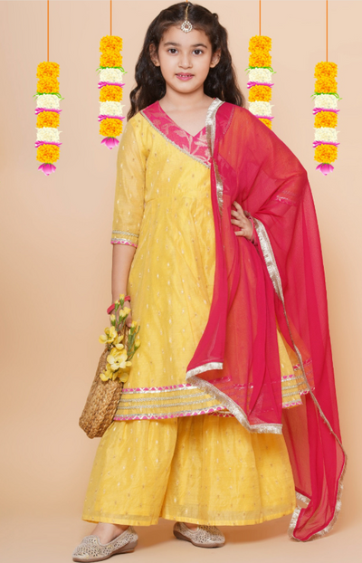 Girls’ Ethnic Woven Motif Anarkali Kurta, Sharara & Dupatta Set
