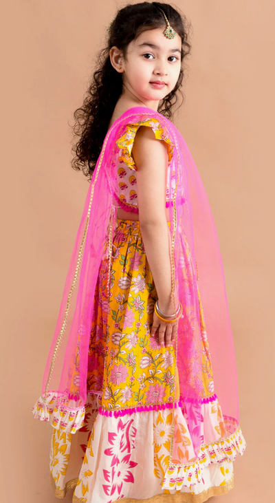Girls Yellow & White Printed Lehenga Choli Set with Dupatta