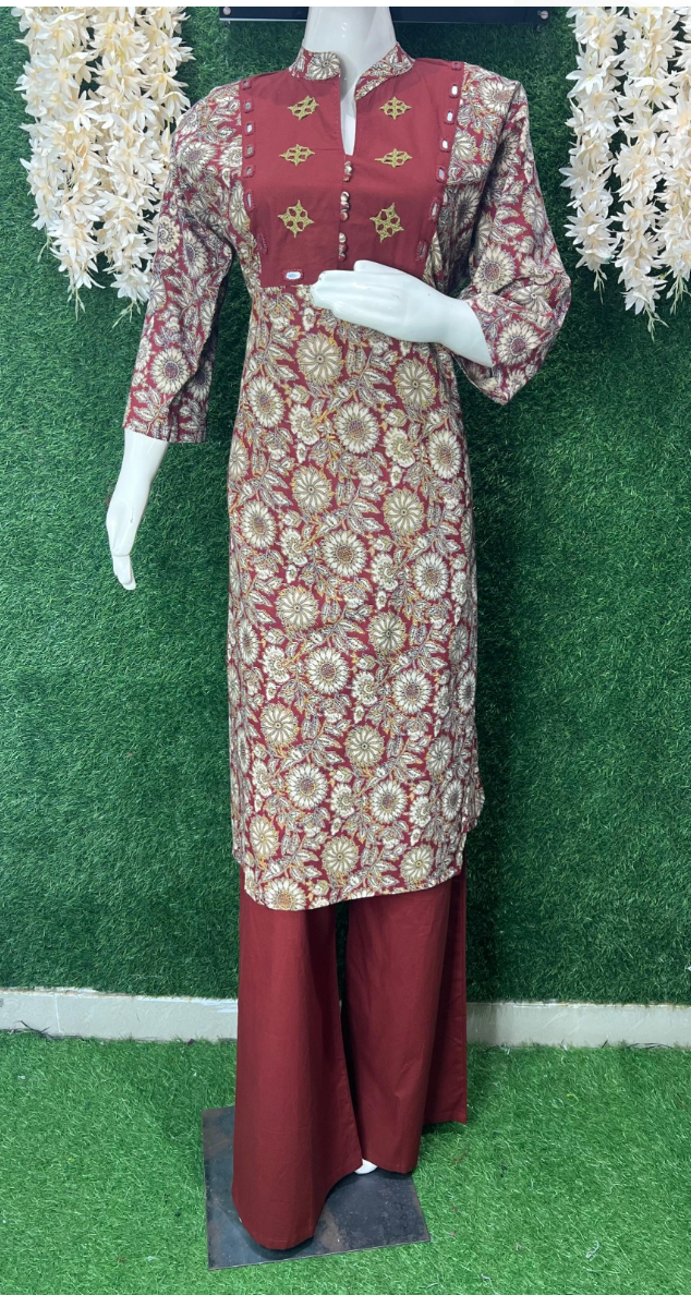 Handblock Kalamkari Cotton Co-ord Set with Mirror Work Detailing