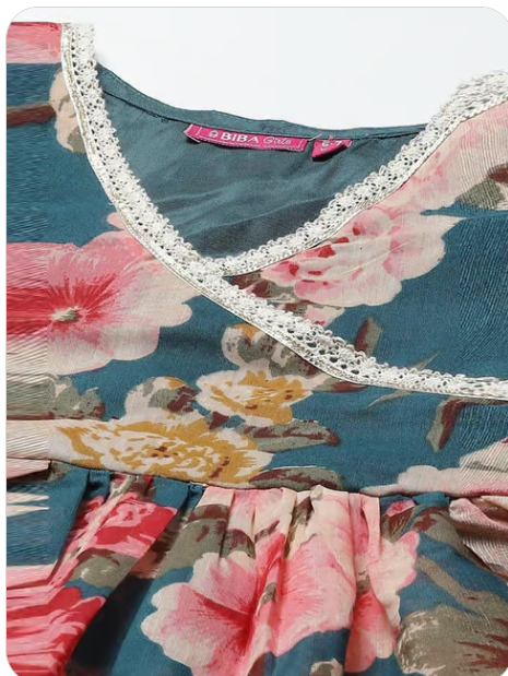 Kids Teal Blue & Pink Floral Print Kurta Set