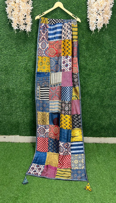 Modal Silk Ajrakh Hand Block Stole with Lining