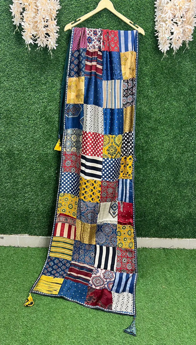 Modal Silk Ajrakh Hand Block Stole with Lining