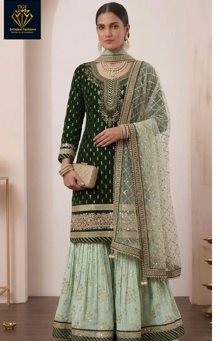 Party Wear Heavy Embroidered Sharara Suit Set with Dupatta