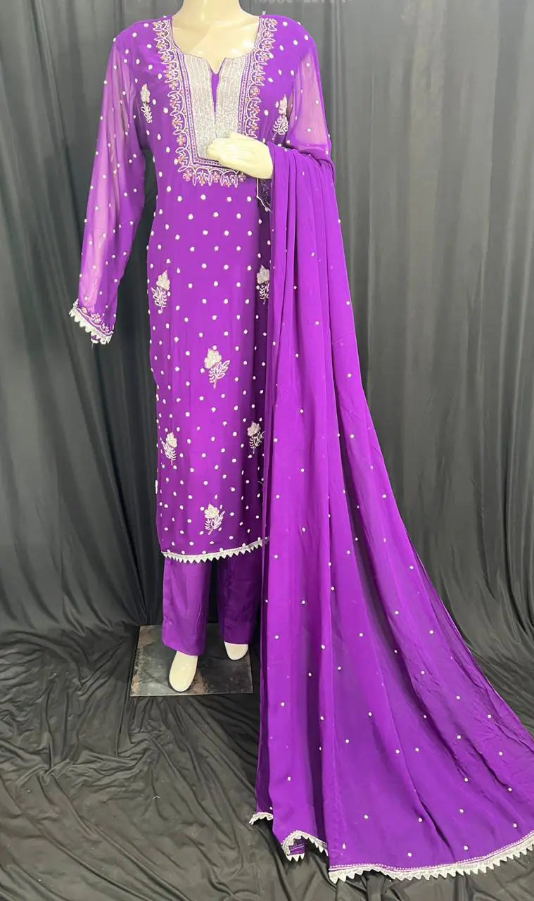 Lucknowi Chikankari Suit Set in Viscose Georgette with Cutdana & Pearl Handwork