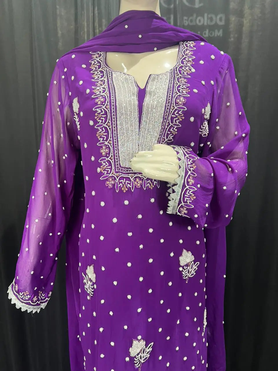 Lucknowi Chikankari Suit Set in Viscose Georgette with Cutdana & Pearl Handwork
